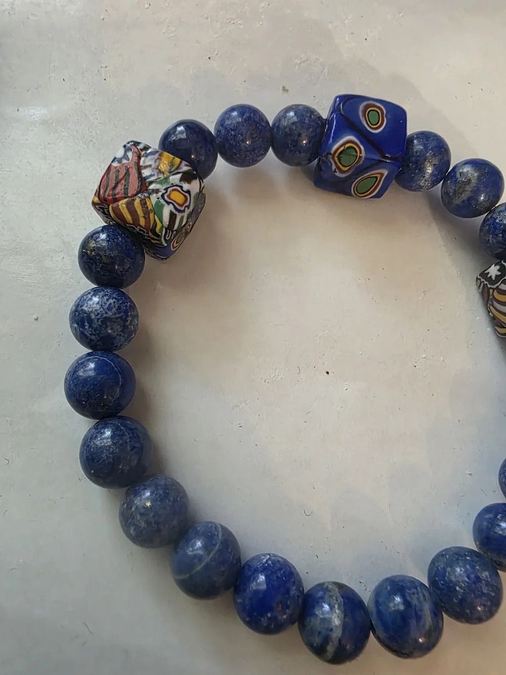 Handmade Lapis Lazuli and Millefiori Glass Stretch Bracelet